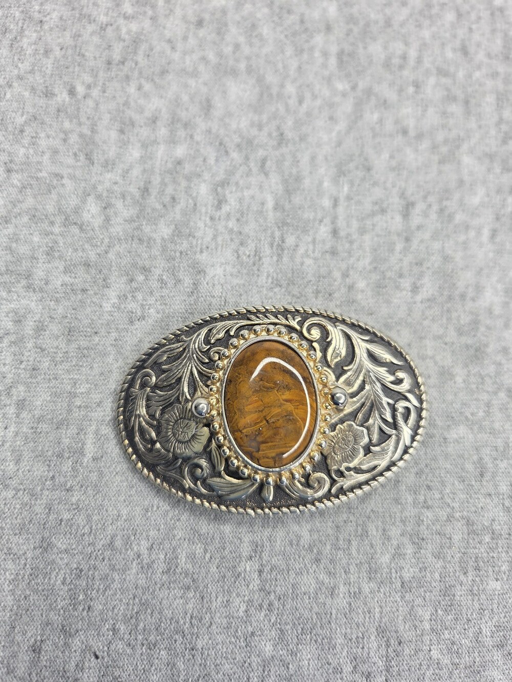 Vintage Tiger Eye Belt Buckle Womens Western Floral Filigree Twisted Rope Oval